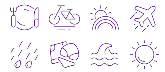 A collection of travel and leisure icons representing diverse vacation activities
