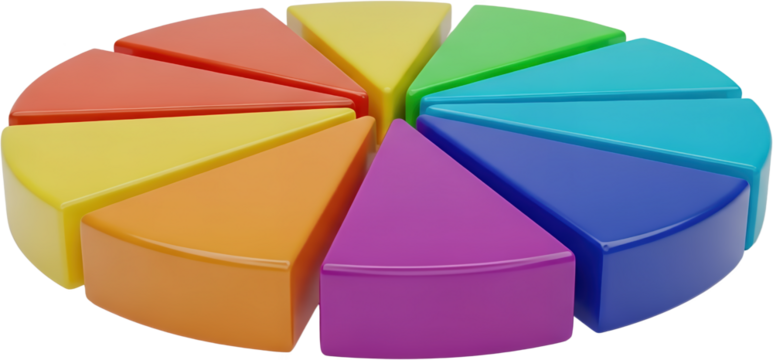A colorful 3D pie chart graphic with distinct segments in a circular arrangement data statistics infographic transparent background