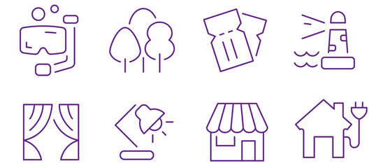 Collection of diverse purple line icons representing travel, nature, entertainment, and home.