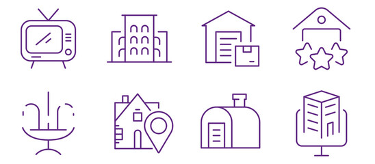A collection of clean purple line icons representing various buildings and services.
