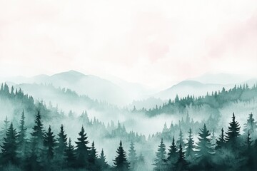 Serene Misty Forest Landscape with Mountains in the Background