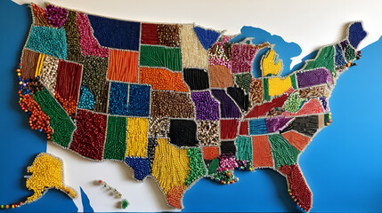 A map made of colorful beads and paint.
