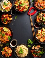 Asian Cuisine Dishes Arranged on Dark Surface