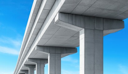 Highway overpass with concrete pillars and beams under clear blue sky, showcasing modern architectural design