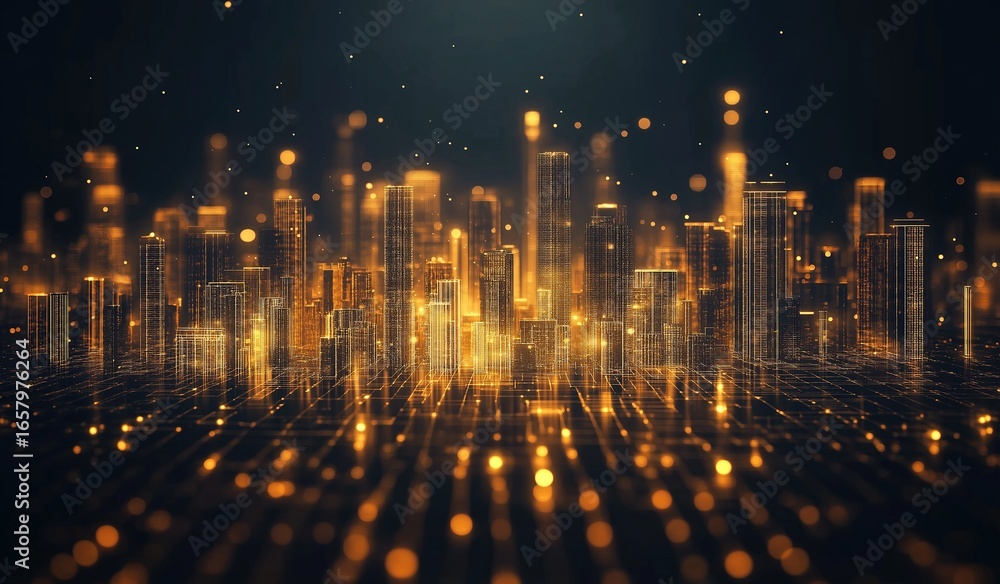 Poster golden light particle cityscape with intricate grid pattern glowing against dark background, symboli