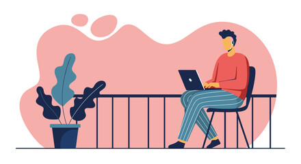 Man working on a laptop outdoors on a balcony with a potted plant, illustrating remote work, flexible lifestyle, or digital nomadism.