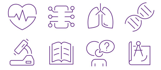 Diverse science icons representing health, technology, biology, and learning.