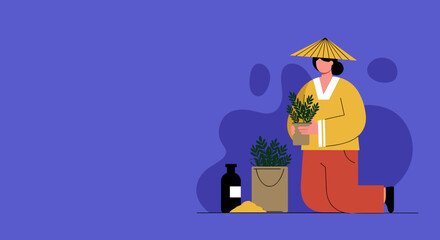 Illustration of a person in traditional attire with a conical hat, caring for a potted plant. Depicts gardening, horticulture, sustainable living, and cultural hobbies.