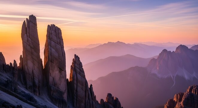 Jagged rock formations rise above layered mountain ranges at sunset with soft pastel colors in the sky