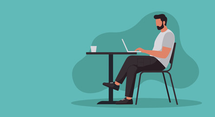 Bearded man focused on his laptop at a table, representing remote work, online learning, or digital entrepreneurship. Ideal for business, technology, and lifestyle.
