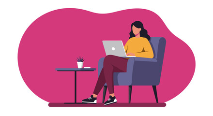 Woman comfortably working remotely on laptop in an armchair with a side table, representing freelance, online education, or modern lifestyle.