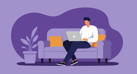 Man comfortably working from home on his laptop. Illustrates remote work, online learning, or digital nomad lifestyle in a cozy environment.