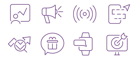 Collection of modern business and marketing icons representing growth, communication, and success.