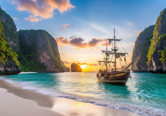 Pirate Ship in a Tropical Bay