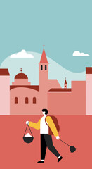 A lone traveler walks through a historic town, carrying essentials for their journey. Ideal for travel, lifestyle, or cultural exploration concepts.