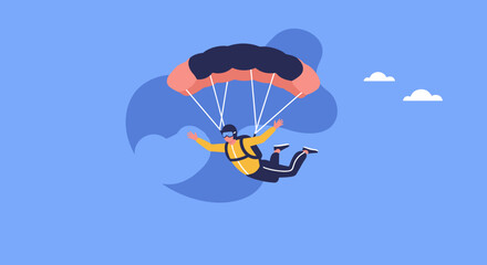 A skydiver with an open parachute gracefully descends through a clear blue sky, embodying adventure, freedom, and thrilling lifestyle or travel experiences.