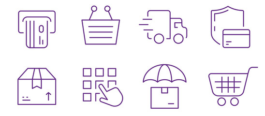 Seamless online shopping icons featuring payment, delivery, and secure transactions.