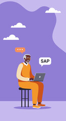 Elderly Black man using laptop, symbolizing digital literacy, remote work, or business software (SAP) solutions. Ideal for tech, education, and senior lifestyle.