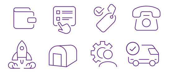 A collection of simple line icons representing business concepts like finance, tasks, sales, communication, startup, and logistics.