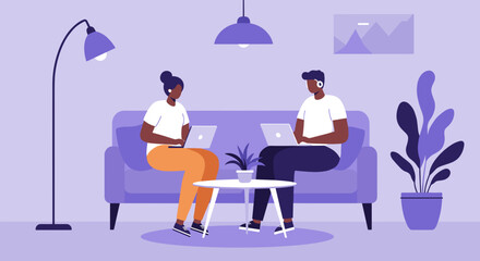 Diverse individuals using laptops remotely in a comfortable, modern setting. Ideal for concepts of remote work, online learning, and digital collaboration.