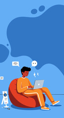 Young person working remotely on a laptop from a beanbag. Ideal for concepts of freelance work, online communication, and modern digital lifestyle.