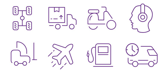 Collection of transportation and logistics icons symbolizing travel and delivery services