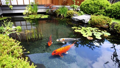 Serene Koi Pond with Lush Greenery and Water Lilies in a Tranquil Garden Setting.