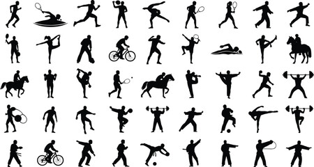 Set of 40 sports and activity silhouette icons showing diverse athletic poses and physical exercises