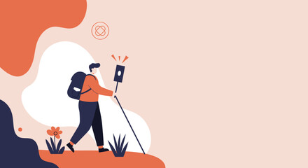 Illustration of a person exploring nature with a backpack and selfie stick, representing modern travel, adventure, and digital content creation. Ideal for lifestyle and tourism themes.