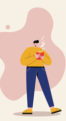 Stylized illustration of a person holding a hot takeaway box of french fries with a drink, symbolizing fast food, casual dining, and modern lifestyle.