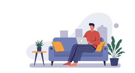 Man comfortably working remotely or studying from home on a laptop, embracing flexible modern lifestyle and digital connectivity.