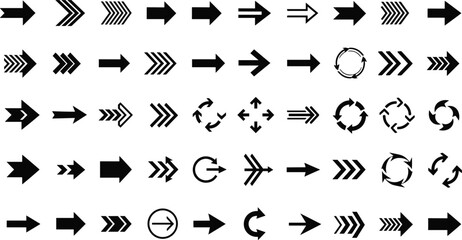 Set of black arrow icons with various directions, circular arrows, chevrons, and navigation symbols isolated on white background vector