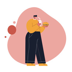 Man holding a delicious burger and refreshing drink, depicting a casual fast food meal or takeaway concept.
