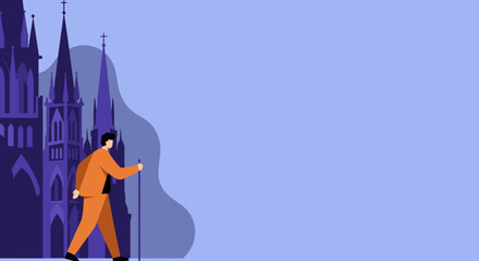 Man in orange suit walks with a stick past majestic Gothic cathedrals, symbolizing journey, travel, spirituality, and historical exploration. Ideal for travel, history, or personal growth concepts. © Picassology