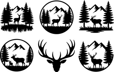 wilderness, wildlife, deer, stag, forest, pine  vector bundle