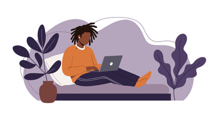 Person with dreadlocks comfortably using a laptop at home, illustrating remote work, online learning, or digital leisure. Cozy lifestyle.
