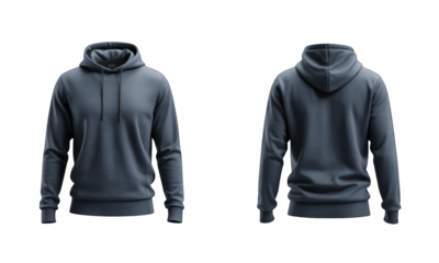 Dark-grey hooded sweatshirt, front and back view, isolated on black background
