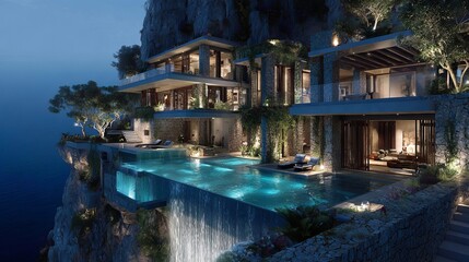 Obraz premium Stunning cliffside villa with infinity pool overlooking ocean at dusk, luxury living dream