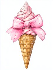 Cute pink bow on a vanilla ice cream cone, in the style of coquette core, preppy,coquette aesthetic,girly