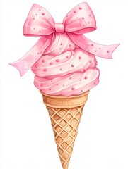Cute pink bow on a vanilla ice cream cone, in the style of coquette core, preppy,coquette aesthetic,girly