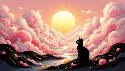 Cat clouds sunset pink sky landscape nature feline animal sunrise horizon scenic dreamy art