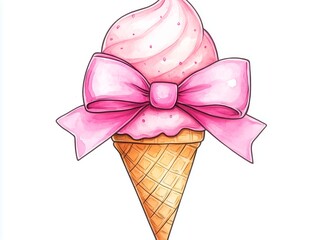 Cute pink bow on a vanilla ice cream cone, in the style of coquette core, preppy,coquette aesthetic,girly