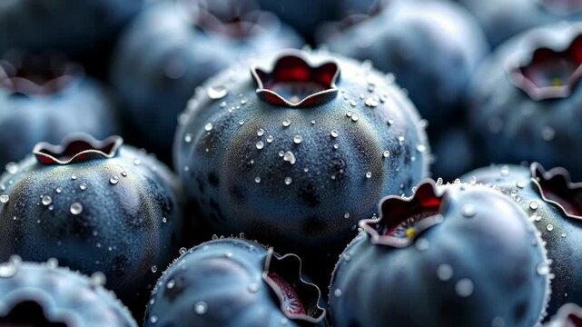 Display fruit, berry freshness, produce dew. Juicy detail. Blueberries glisten in morning dew. Water droplets enhance visual appeal. Shiny surfaces reflect ambient light.