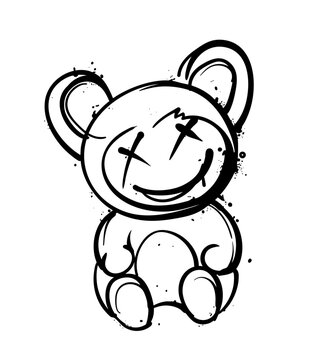 A bold black and white vector illustration of a teddy bear with graffiti inspired sketch lines, crossed out eyes, and playful ink splatters