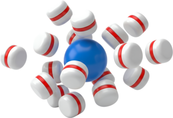 Blue sphere nucleus surrounded by white rounded objects with red stripes abstract digital art 3D science transparent background