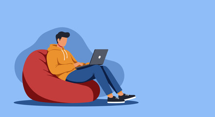 Young person works comfortably on a laptop from a red beanbag chair, depicting remote work, casual productivity, and modern lifestyle.