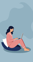 Woman in pajamas comfortably using a laptop at home. Ideal for remote work, online learning, or cozy lifestyle concepts.