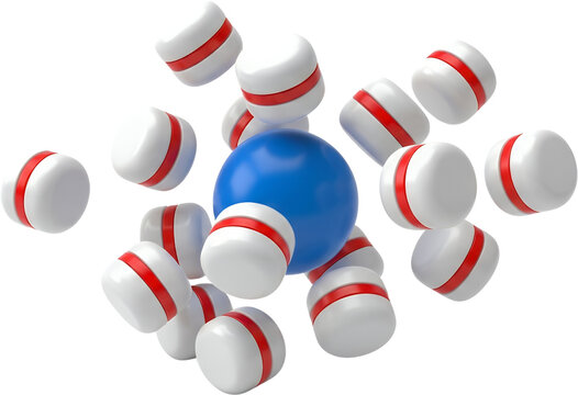 Blue sphere nucleus surrounded by white rounded objects with red stripes abstract digital art 3D science transparent background