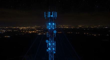 Modern communication tower bathed in blue light against a vast, starry night sky, overlooking a sparkling, distant cityscape.