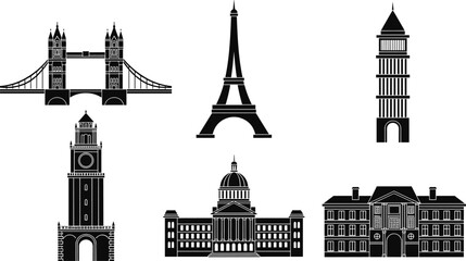 Set of six famous world landmark silhouette icons including bridges, towers, domes, and historic buildings